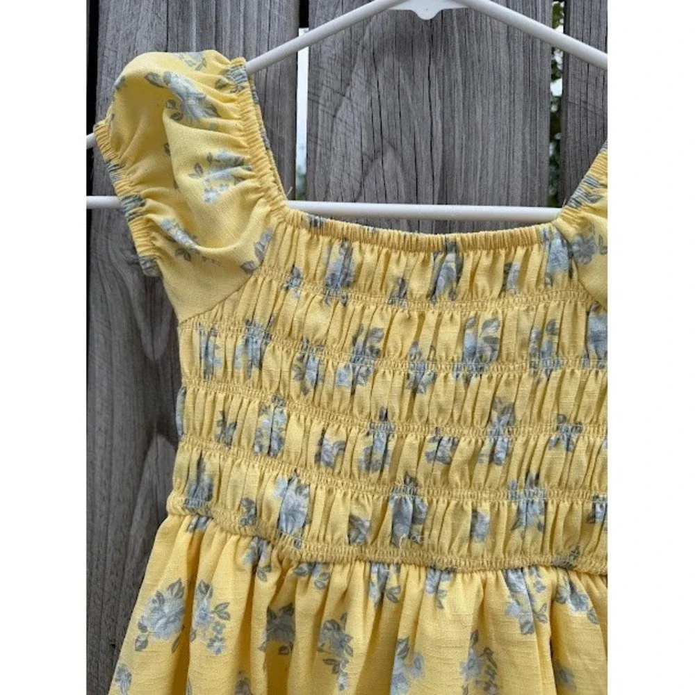 Cottagecore Floral Derek Heart Sun Dress 7 Yellow Smocked Puff Sleeve A-Line